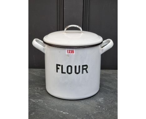 Kitchenalia: an enamel 'Flour' tin and cover, 26.5cm high.