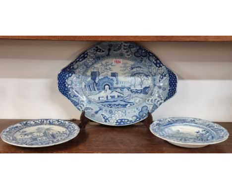 A large 19th century Spode 'Gate of Sebastian' pattern twin handled oval dish,&nbsp;42.5cm wide, (damage and restoration); to
