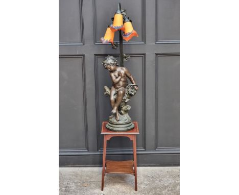 After Auguste Moreau, a large bronzed resin figural table lamp, with marbled glass shades, total height 114cm high, on Edward