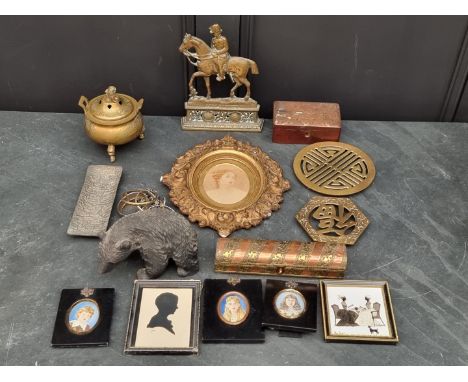 A mixed lot, to include: metalware; portrait miniatures; a Black Forest bear; etc.
