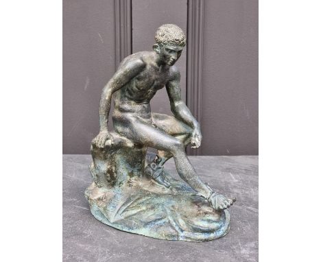 After the Antique, 'Seated Hermes', a Grand Tour verdigris bronze, 25cm high.