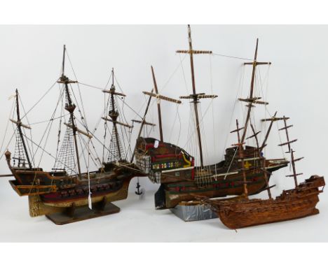 Three scratch built model three mast ships, largest approximately 63 cm x 65 cm. [3]