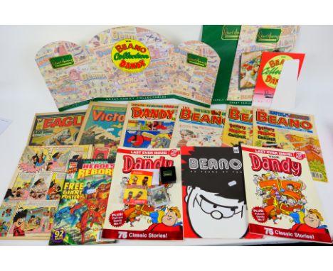 Mixed ephemera comprising comics to include Victor, The Beano, the last ever Dandy issue (two copies), Robert Harrop Collecta