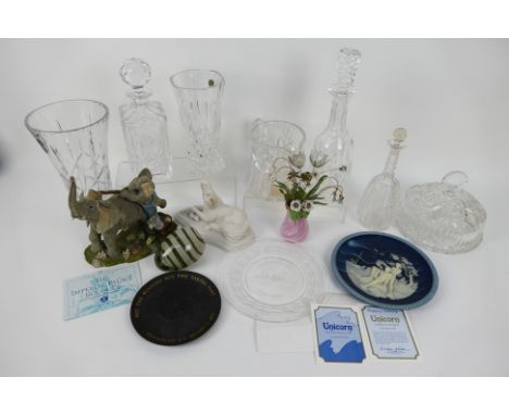 A quantity of glassware to include decanters, vases and other, model elephants, a porcelain Unicorn modelled by David Cornell