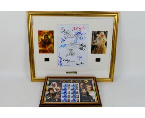 Lord Of The Rings - Two framed displays comprising a Movie Script Exclusive Presentation, 46 cm x 56 cm and a souvenir stamp 