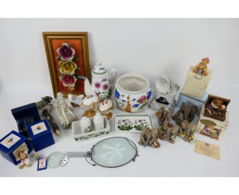 Lot comprising ceramics to include Portmeirion, model elephants, boxed giftware, ornamental decorative eggs and other.