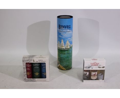 A 70co bottle of Benveg Fine Old Scotch Whisky, 40% ABV, contained in carton, a set of three Ben Bracken 5cl single malt whis