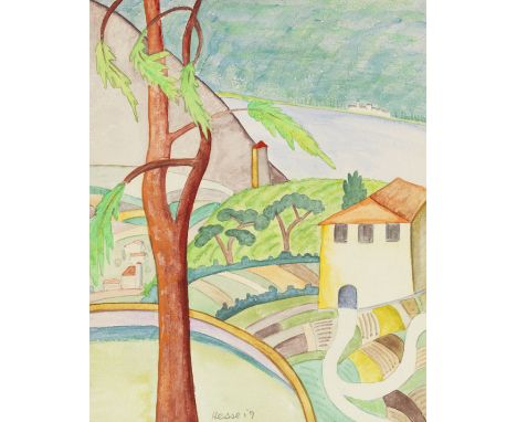 Hermann Hesse   &nbsp;Bei Agra. Signiertes und datiertes Original-Aquarell über Bleistift. 1919. Bildgröße 21,5 : 18 cm. - Sc