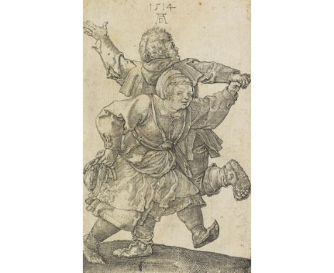 Albrecht Dürer     Tanzendes Bauernpaar. Radierung. 1514. In der Platte monogrammiert und datiert. Auf Bütten. Blattgröße 11,