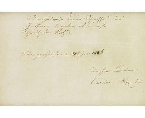 Constanze Mozart    Albumblatt mit eigenhändiger Unterschrift 'Constance Mozart'. Wien, 29. Januar 1806. 1 Seite. Ca. 14 : 20