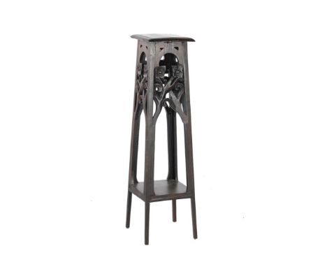 Oak plant table with shelf and stitching, in Jugendstil style, 114 cm high, 32x32 cm