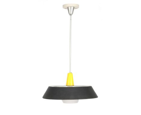 Niek HiemstraPolychrome metal hanging lamp, attributed design Niek Hiemstra for Philips, Netherlands 1950s, 70 cm high and 45