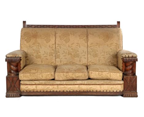 Oak 3-seater sofa with stitching and brown upholstered with floral pattern, approx. 1930, 108 cm high, 198 cm wide, 106 cm de