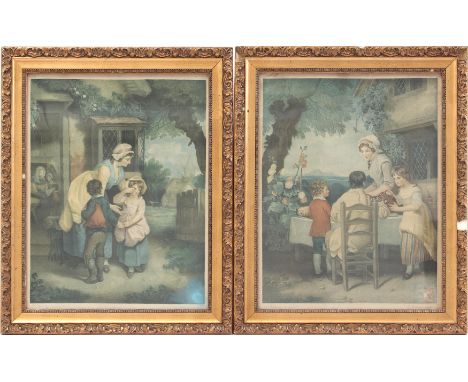 2 English lithographs of a family in a garden by Wheatley, outer size 45x37 cm each (damaged frame)