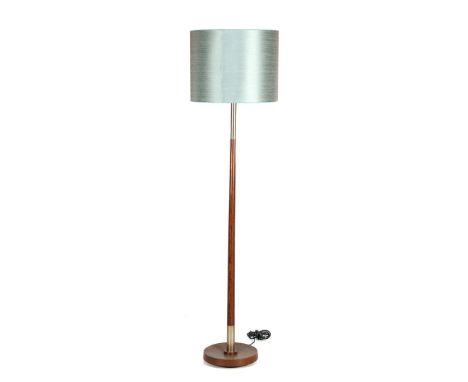 Wenge wooden 3-light floor lamp with blue upholstered shade, Netherlands mid 20th century, 173 cm high