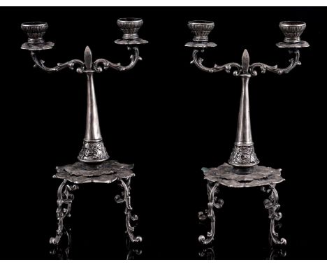 2 pewter 2-light candelabra, 33 cm high