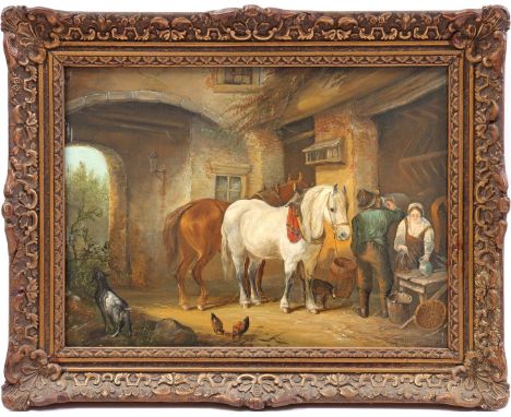 Jan van der Meer (1942-)Figures with horses in the courtyard, after the old master, panel 30x40 cm