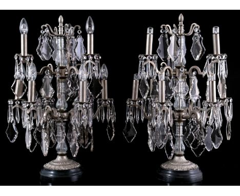 2 metal 9-light table lamps with crystal icicles, on stone base, 70 cm high, 45 cm diameter (1 peg missing)