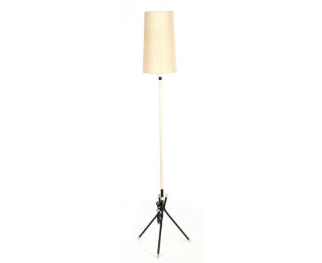 Black and white lacquered metal floor lamp with cream-coloured upholstered shade, standing on three-strand, France 1950s, 172