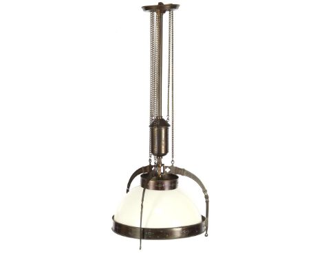 Copper Art Nouveau hanging lamp with white plastic shade, 105 cm high