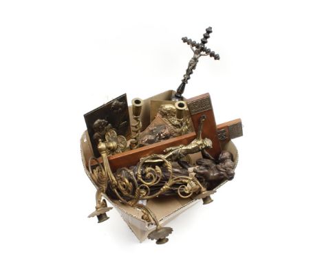 Box of religious items including crucifixes, 3-light wall sconce, brass candlesticks, plaques and plaster statue