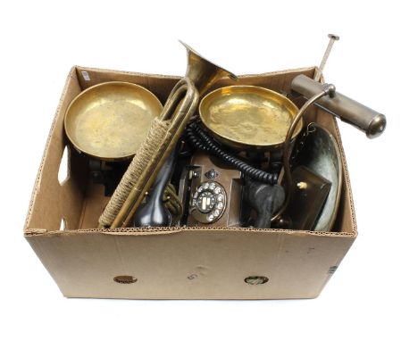 Box of copper telephones, iron scales with brass scales, copper scales, copper trumpet and copper desk lamp