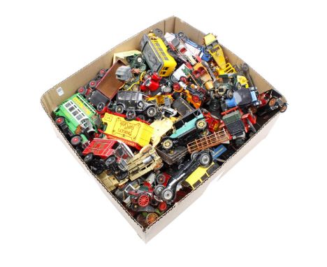 Box of various scale model cars and carriages