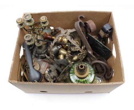 Various box including copper telephone, candlestick, table oil lamp, various copper bells, etc.