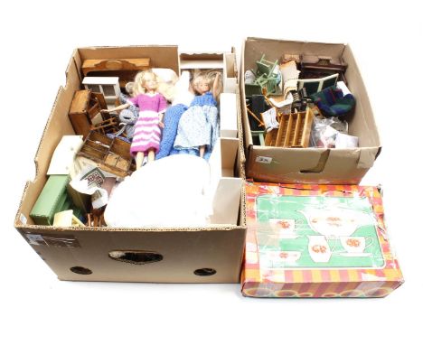 2 boxes with dollhouse furniture and furnishings, various dolls including Mattel, doll clothes and a box with porcelain child