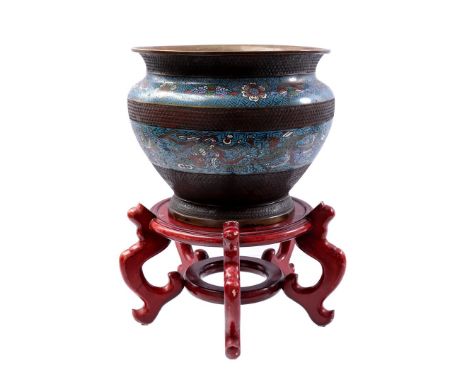 Cloisonne cachepot with bird and flower decor, 29 cm high, 36 cm diameter, with wooden console 23 cm high