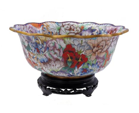 Cloisonne bowl with contoured rim and floral decoration, China 20th century, 13 cm high, 32 cm high, with 5 cm high wooden co