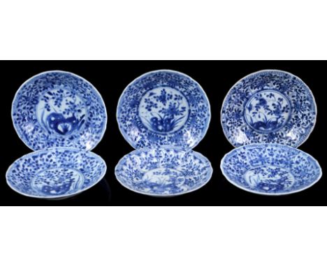 6 various porcelain saucers with blue decor, China approx. 1750, 14 cm diameter (some small chips)