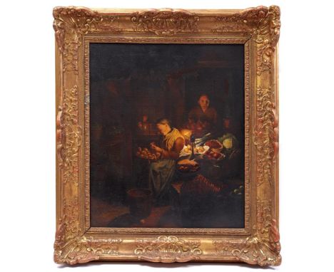 Signed P C de Leth, women in the kitchen by the light of an oil lamp, canvas after an old master, 50x60 cm