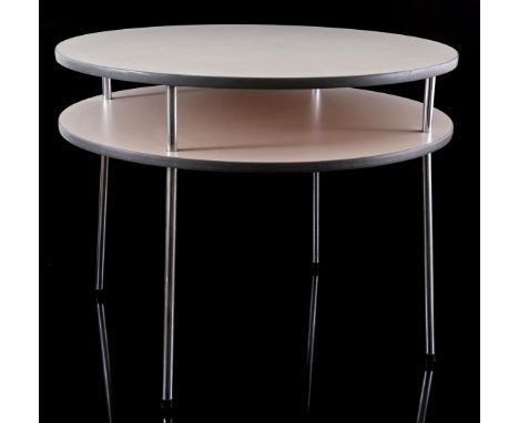 Round coffee table with white laminated top and metal legs, with bottom shelf, in the style of Gispen, Netherlands, second ha