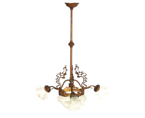 Copper classic 3-light pendant lamp with frosted glass shades with pleated edges, bowl with garland decor, 89 cm high, 64 cm 