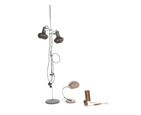 Chrome floor lamp with 2 brown metal height-adjustable shades, 1960s, 146 cm high, Herda chrome desk lamp with brown shade an