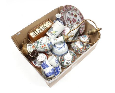 Box asiaticawo. table lamp, Samson saucer, Japanese and Chinese porcelain cups and saucers, 2 boxes of bone dominoes, brush p