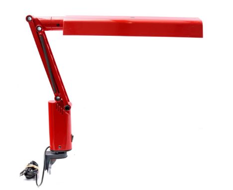 Adjustable red plastic clamp lamp, design Ton Ahlstrom and Hans Ehrich (A&amp;E Design) for Fagerhults Sweden`, marked on the