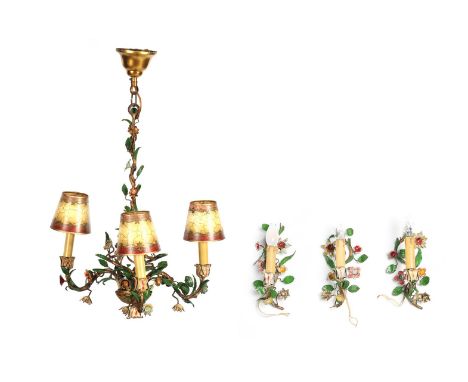 Classic wrought iron hanging lamp with 3 arms, 70 cm high with 3 wall lights