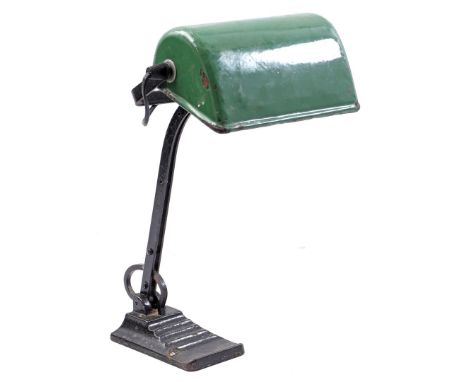 Black metal desk lamp with green enamelled shade, in Bauhaus style, 1930s, 43 cm high