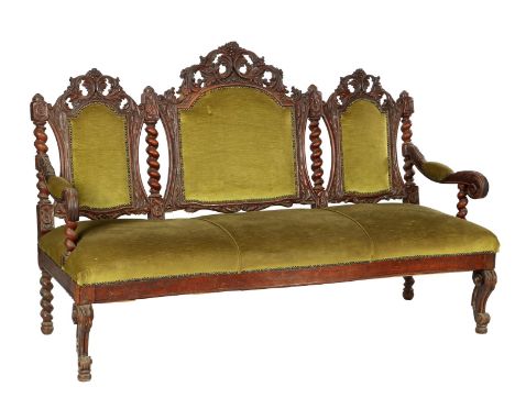 Oak 3-seater sofa with richly carved frame, backrest is 113 cm high, 187 cm wide (leg glued)