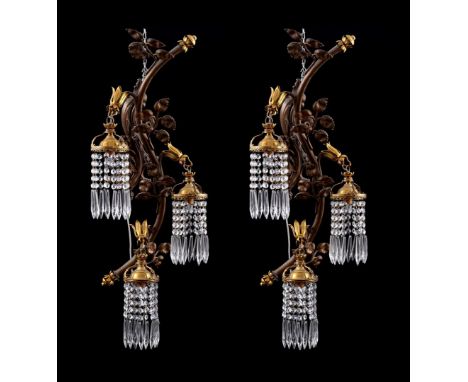 2 classic copper 3-light wall lamps with leaf decoration and crystal icicles, 80 cm high