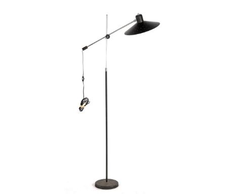 Blackened metal counterbalance floor lamp with perforated shade, approx. 165 cm high