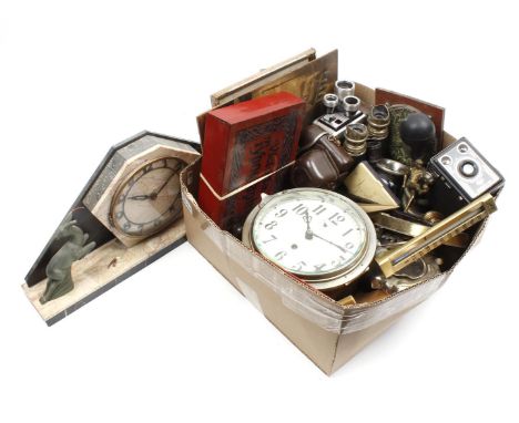Various box including photo and film cameras, ship's clock, binoculars, metal box with stamps, copper work and marble mantel 