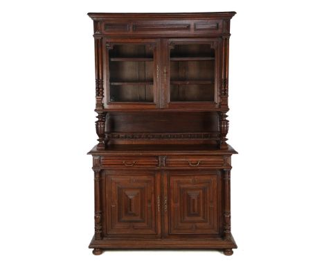 Oak 3-piece cabinet with 2 glazed doors in upper cabinet, intermediate section with plate rack and lower cabinet with 2 panel