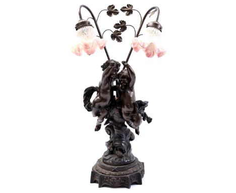 Plastic classic 2-light table lamp in the style of designer Albert Ernest Carrier Belleuse, with 2 pleated glass shades, 70 c