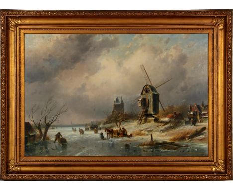 Charles Henri Joseph Leickert (1816-1907)Winter scene with skaters, a boat, 5 figures with a horse with a sleigh, on the left