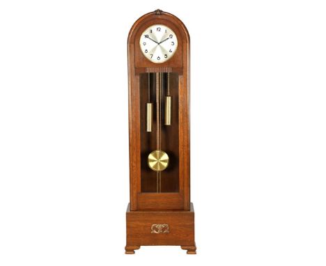 Junghans longcase watch in oak case with faceted diamond in door, ca. 1930, 195 cm high, 58 cm wide