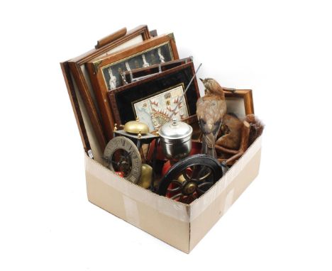 Various box including wall decorations, billiard balls, serving trays, coffee grinder, lod glass window decorations, wall clo