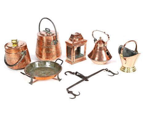 6 pieces of copperware including lidded pans, wind light and handle tray